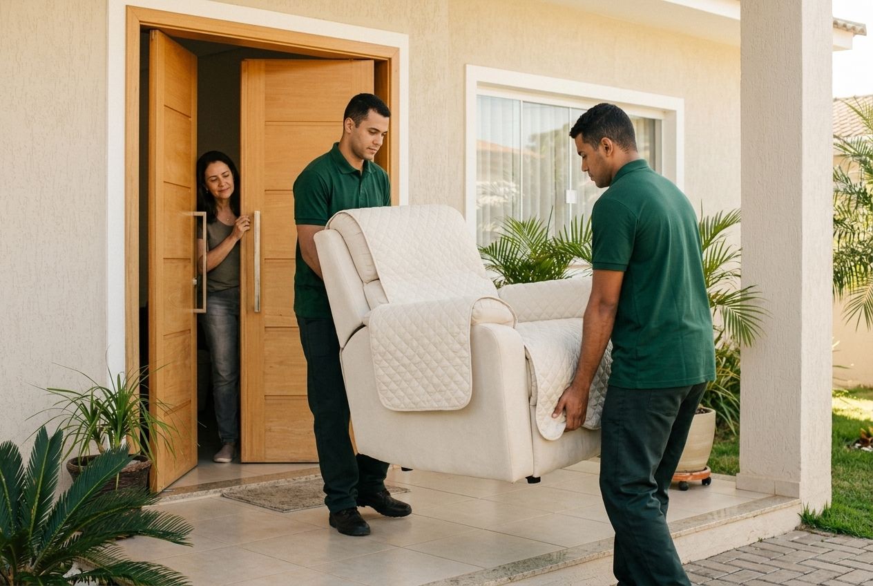 Dois entregadores de camiseta verde carregam uma poltrona bege protegida por capa até a porta de uma casa, onde uma mulher os recebe.