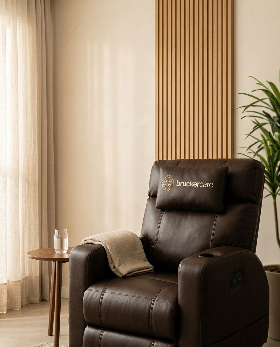Poltrona elétrica de couro marrom com o logo da BruckerCare na almofada do encosto, numa sala clara com cortina de linho, painel de madeira ripada, mesa lateral e uma manta no braço.