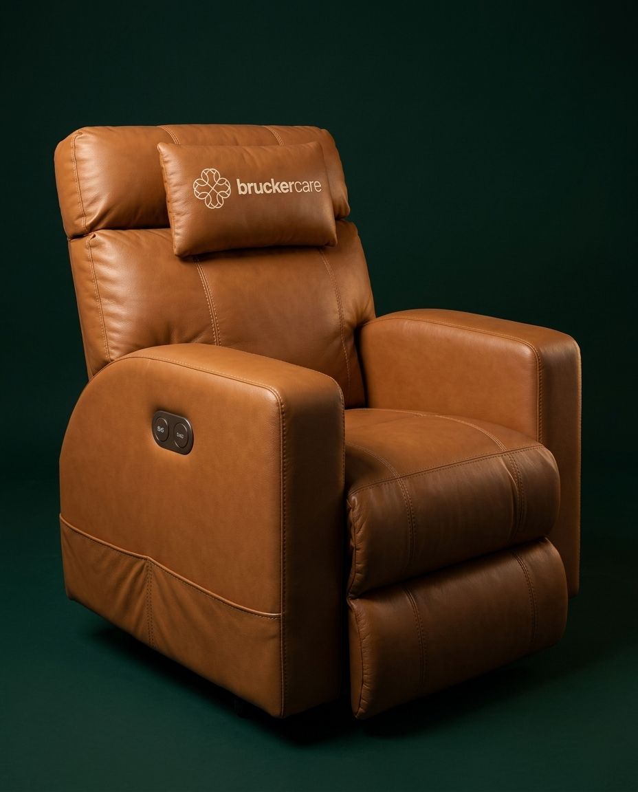 Poltrona elétrica de couro caramelo, com a almofada do encosto bordada com o logo da BruckerCare e botões de ajuste na lateral do braço, sobre fundo verde escuro.