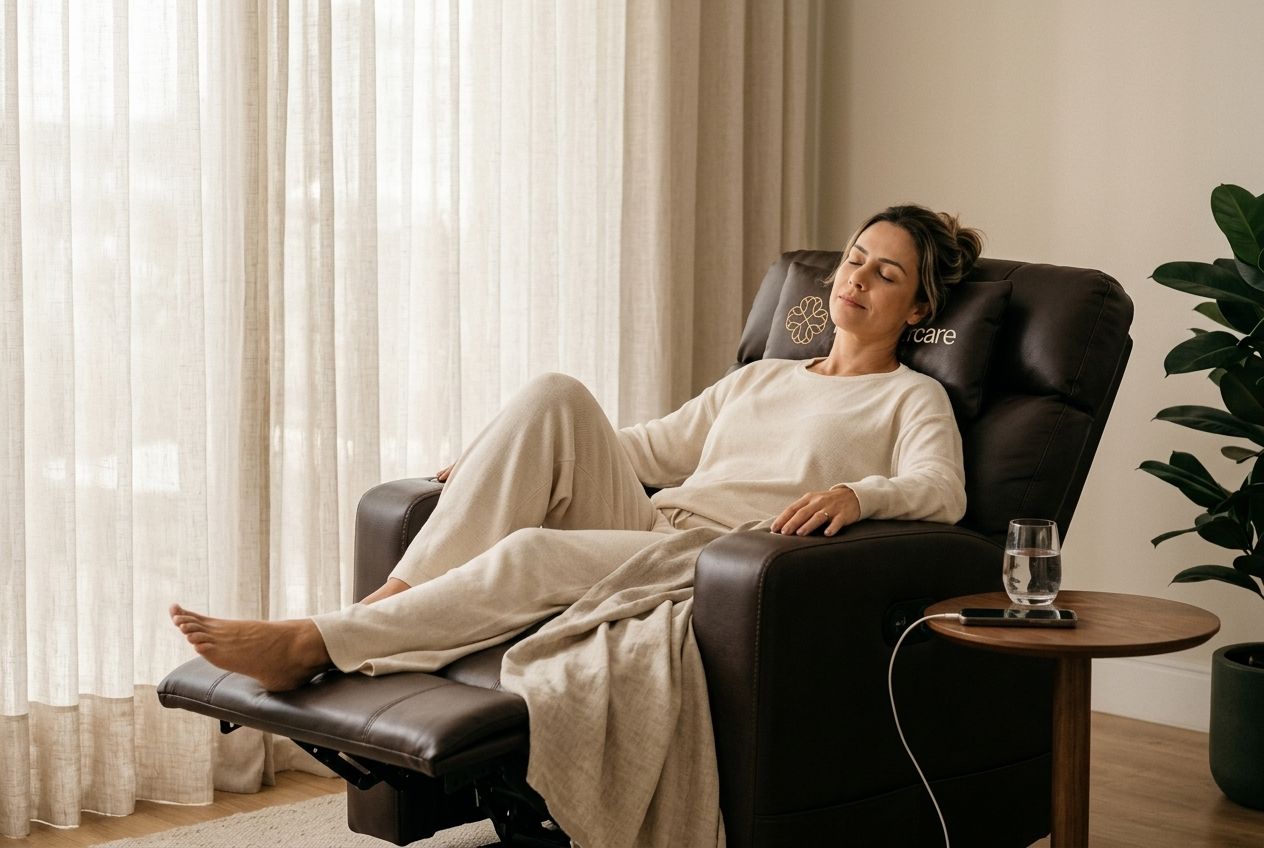 Mulher descansando de olhos fechados numa poltrona elétrica de couro marrom reclinada, com as pernas apoiadas e uma manta clara, ao lado de uma janela com cortina de linho.